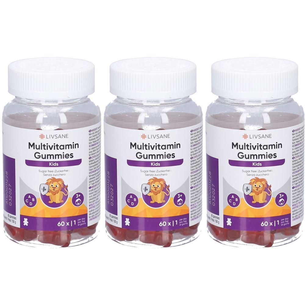 Drei Flaschen LIVSANE Multivitamin Gummies für Kinder. Jede Flasche enthält 60 zuckerfreie Gummibärchen.