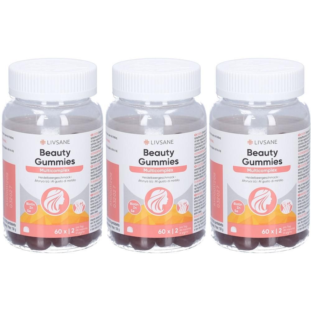 Drei Flaschen LIVSANE Beauty Gummies Multicomplex, 60 Stück pro Flasche.