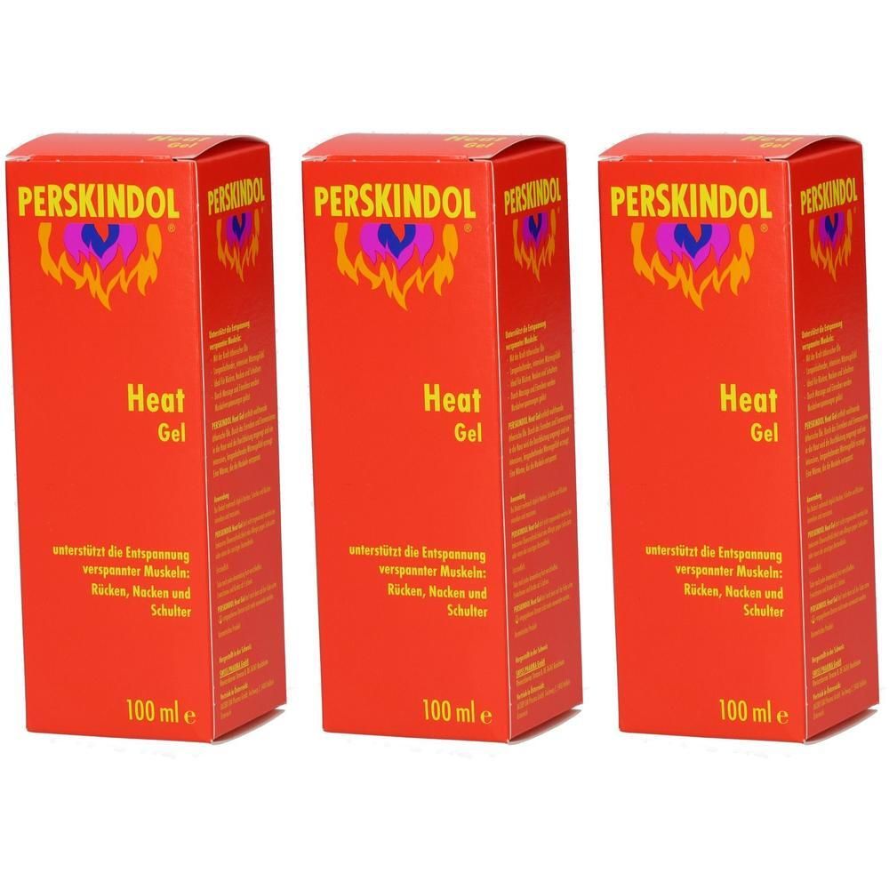 Drei Packungen PERSKINDOL HEAT GEL, rot, mit gelbem Schriftzug.