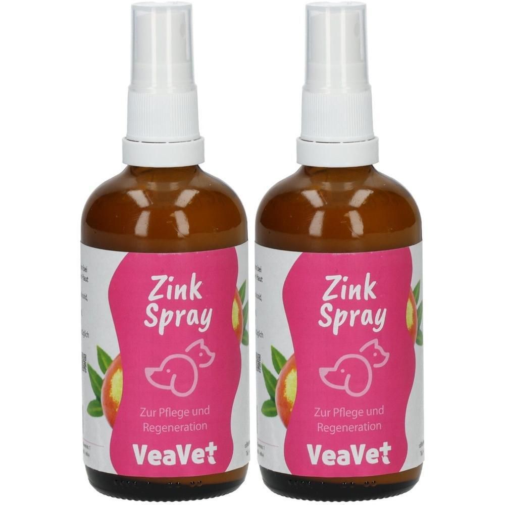 Zwei Flaschen Zink Spray von VeaVet mit Sprühkopf. Braune Glasflaschen mit rosa Etikett.