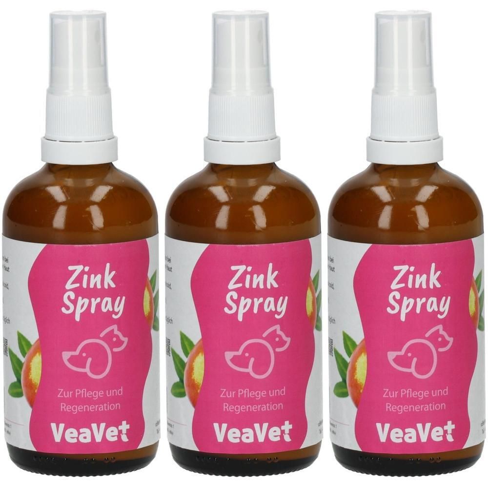 Drei braune Sprühflaschen mit Zink Spray Etiketten, die Pflege und Regeneration versprechen.