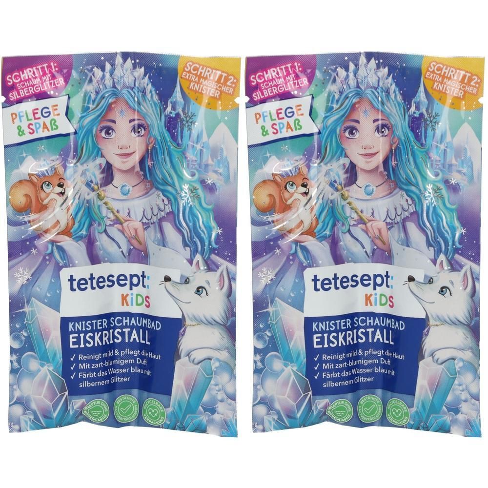 Zwei Packungen tetesept Kids Knister Schaumbad Eiskristall mit Eisprinzessin-Motiv.