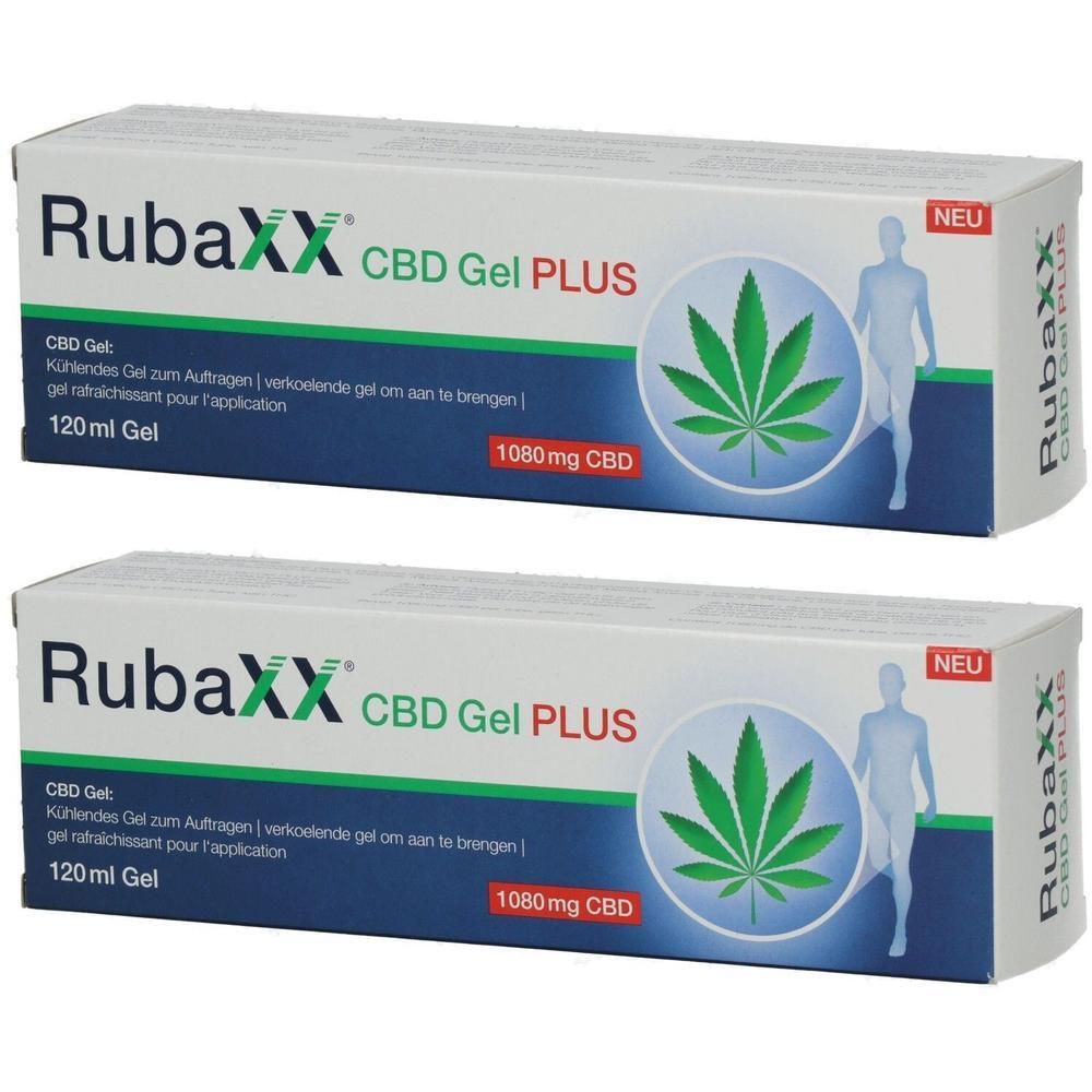 Zwei Packungen Rubaxx CBD Gel Plus mit je 120ml und 1080mg CBD. Kühlendes Gel zur äußerlichen Anwendung.