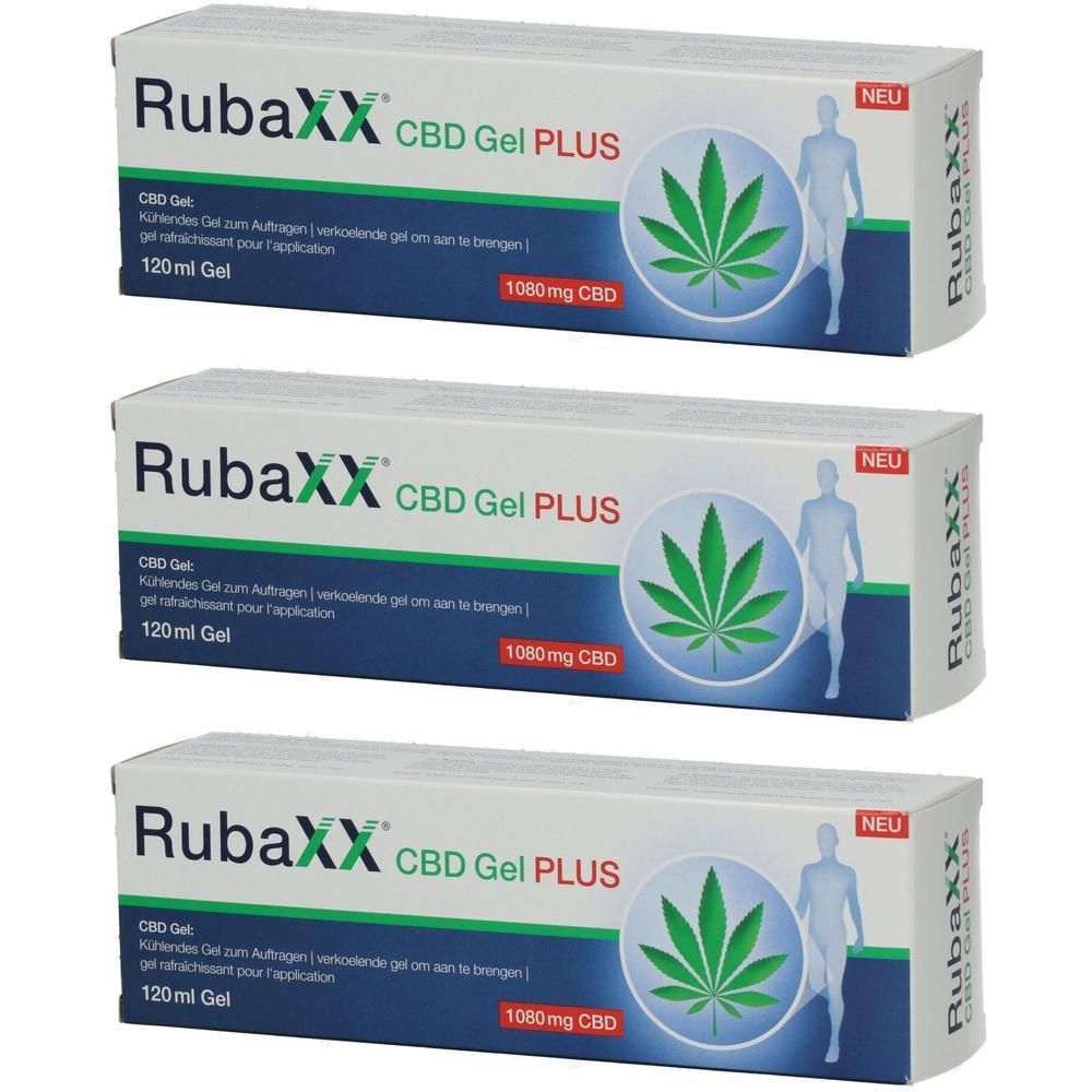 Drei Packungen RubaXX CBD Gel Plus mit Hanfblatt-Symbol und menschlicher Silhouette.