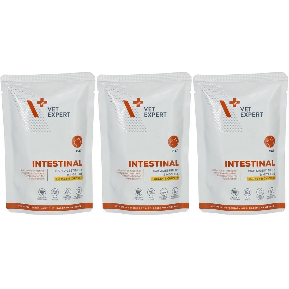 Drei Beutel Vet Expert Intestinal Katzenfutter mit Truthahn und Huhn. Hohe Verdaulichkeit für empfindliche Mägen.