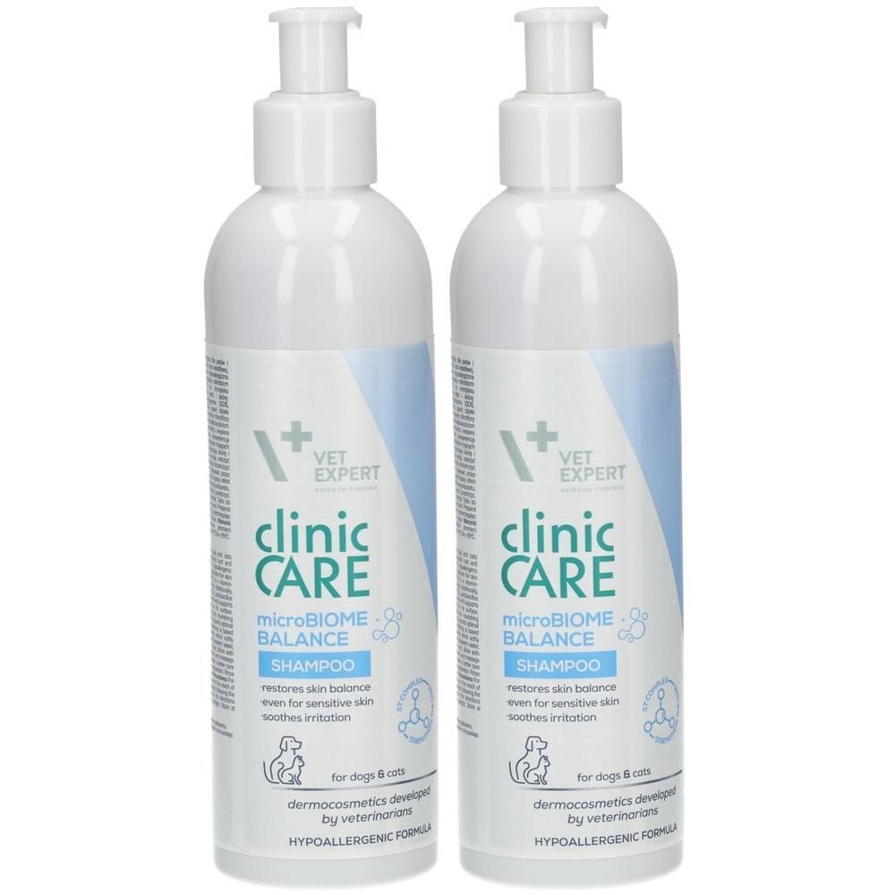 Zwei Flaschen "clinic CARE MICROBIOME BALANCE SHAMPOO" für Hunde & Katzen, hypoallergene Formel.