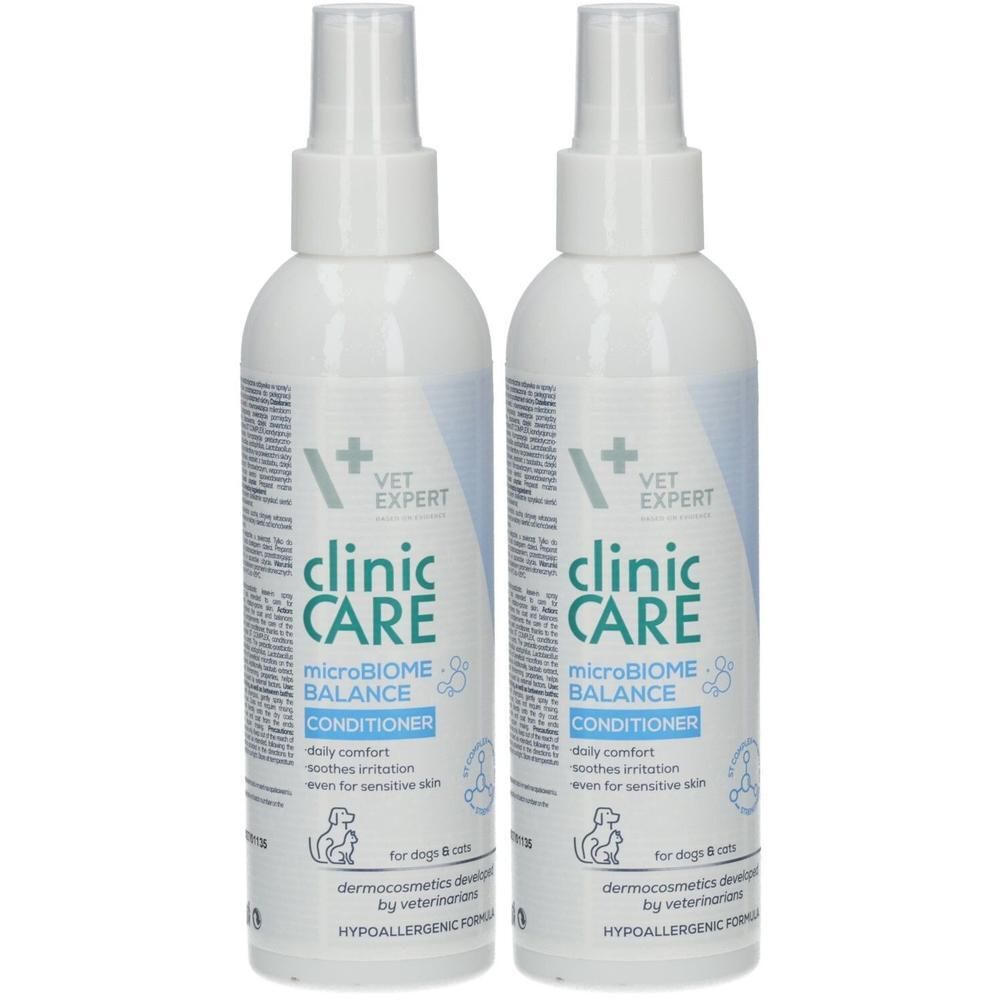 Zwei Flaschen Clinic Care Microbiome Balance Conditioner für Hunde und Katzen. Hypoallergene Formel.