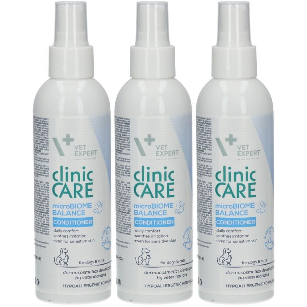 Drei Flaschen Clinic Care Microbiome Balance Conditioner für Hunde und Katzen.