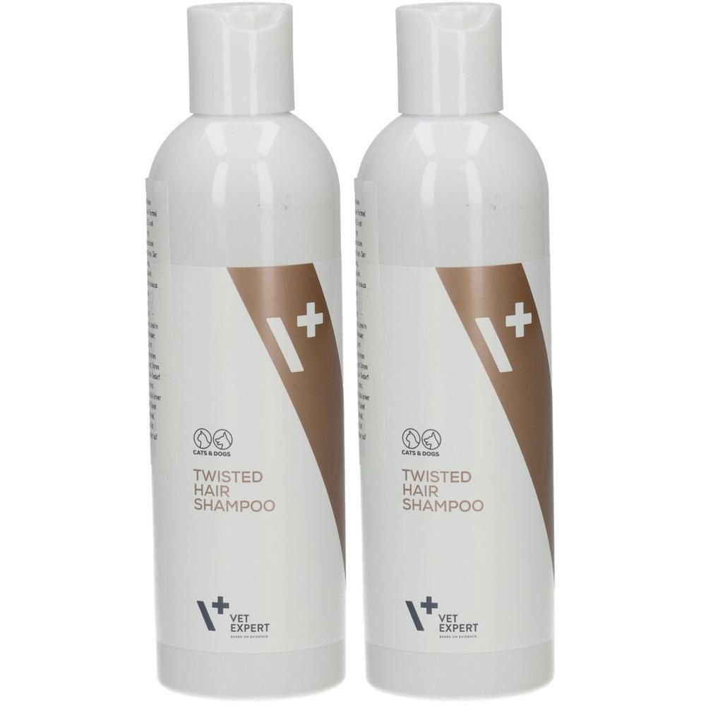 Zwei weiße Flaschen mit TWISTED HAIR SHAMPOO von VET EXPERT. Jede Flasche hat ein braunes diagonales Band mit einem weißen Pluszeichen.