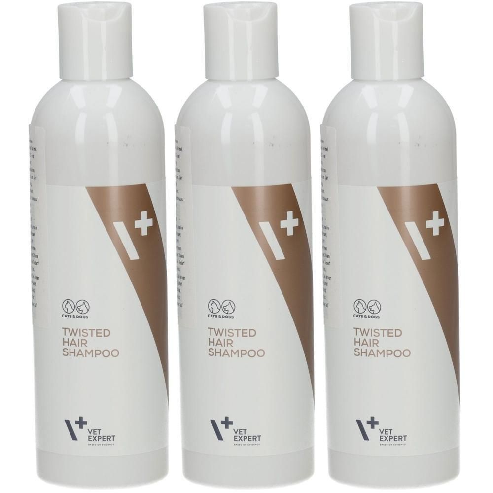 Drei Flaschen TWISTED HAIR SHAMPOO von VET EXPERT mit weißem Verschluss und braunem Etikett.