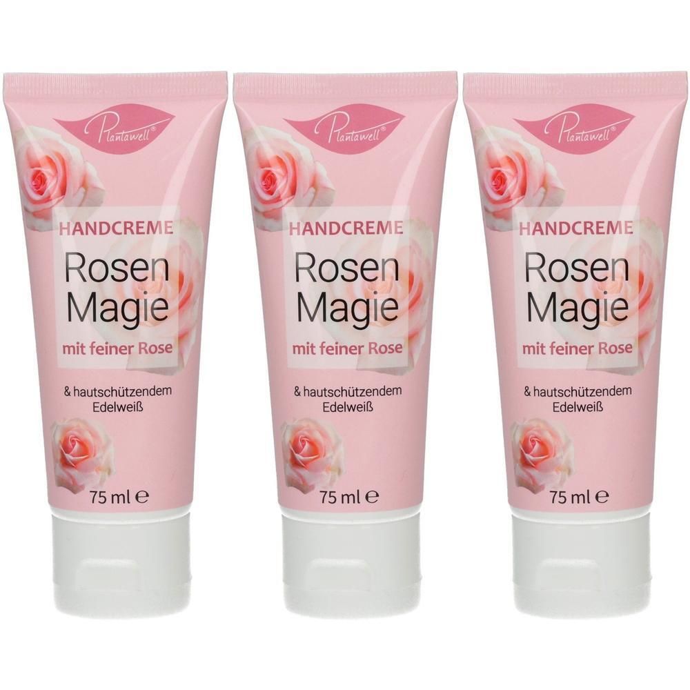 Drei Tuben Handcreme mit Rosenmotiv und Aufschrift 'Rosen Magie'. Jede Tube enthält 75 ml.