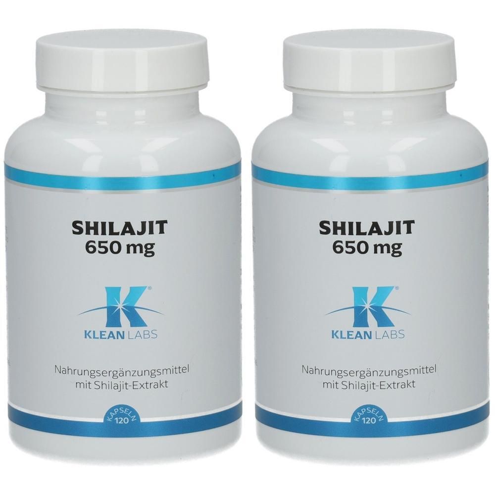 Zwei weiße Flaschen mit Shilajit 650 mg Kapseln von Klean Labs. Enthält 120 Kapseln pro Flasche.