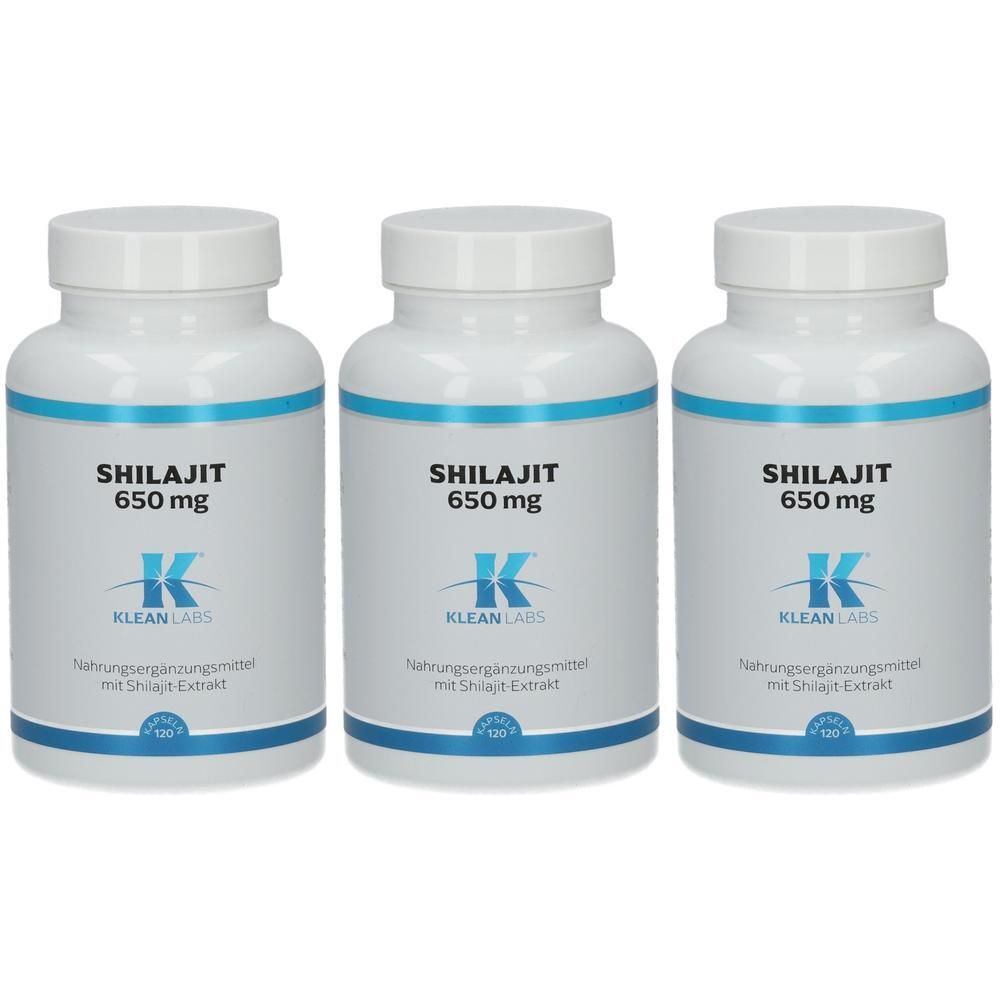 Drei weiße Flaschen mit Shilajit 650 mg von Klean Labs. Jede Flasche enthält 120 Kapseln.