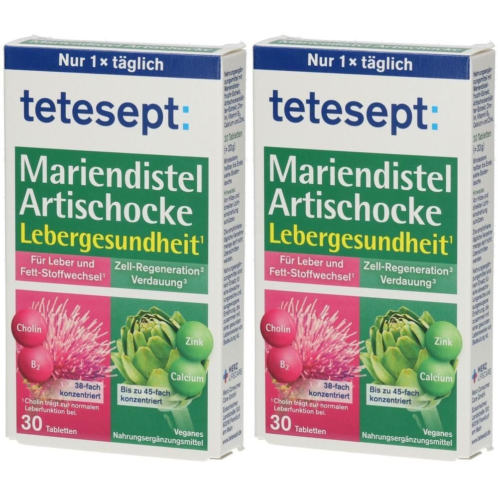 Zwei Packungen tetesept Mariendistel Artischocke Tabletten, 30 Tabletten pro Packung.