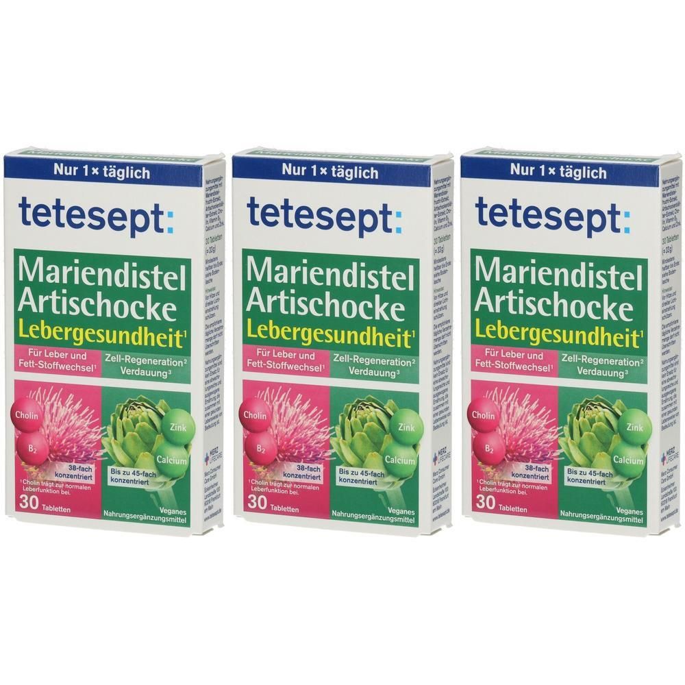 Drei Packungen tetesept Mariendistel Artischocke Lebergesundheit Tabletten, je 30 Stück.
