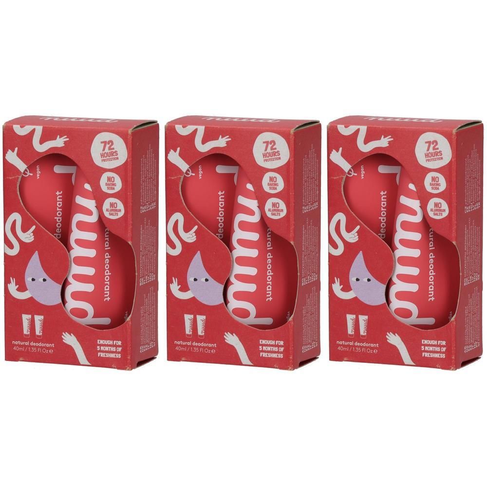 Drei Packungen NUUD natürliches Deodorant in Rot mit Illustrationen. Jede Packung enthält einen Deoroller.
