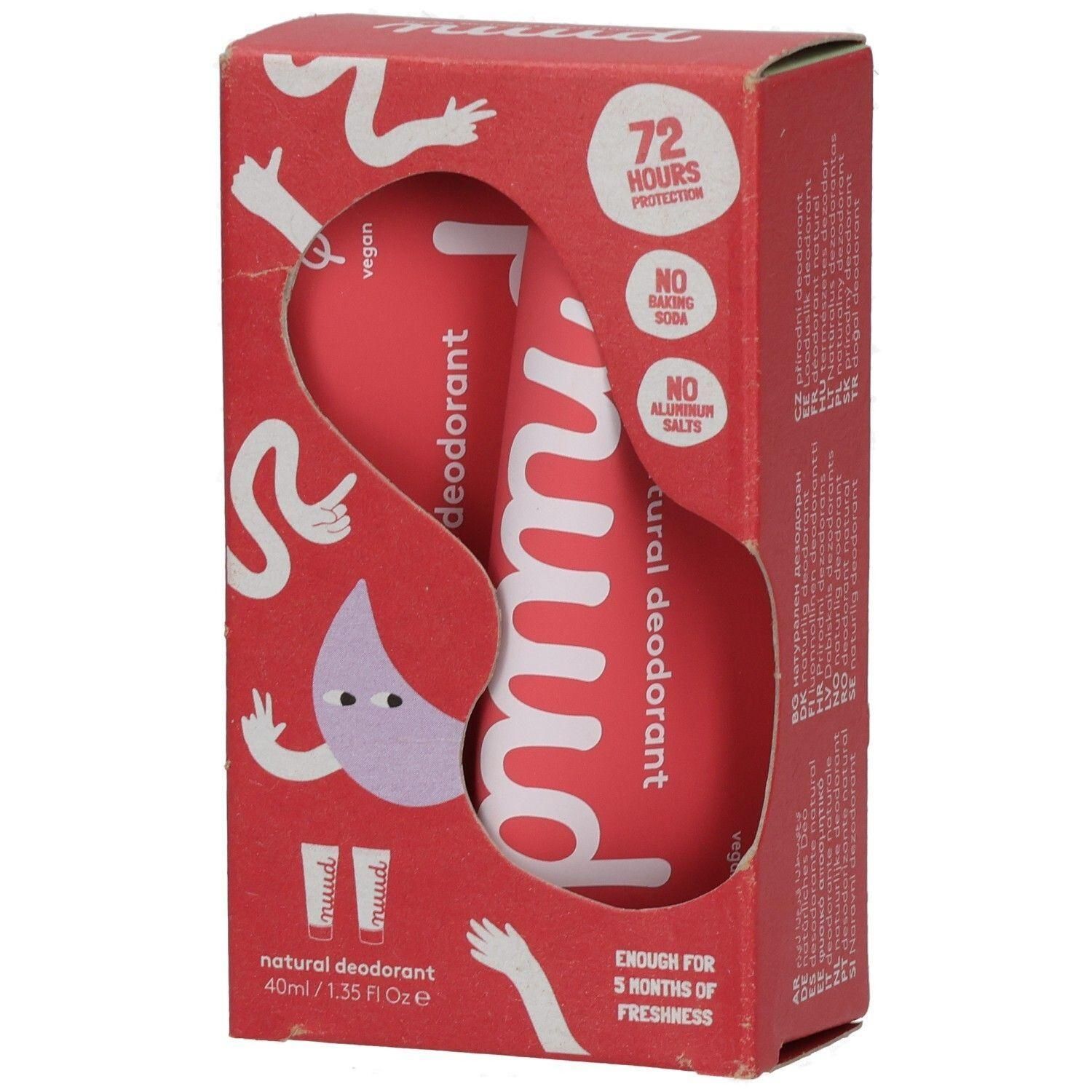 Verpackung mit zwei Tuben NUUD natürliches Deodorant. Enthält 72 Stunden Schutz, ohne Natron und Aluminiumsalze.