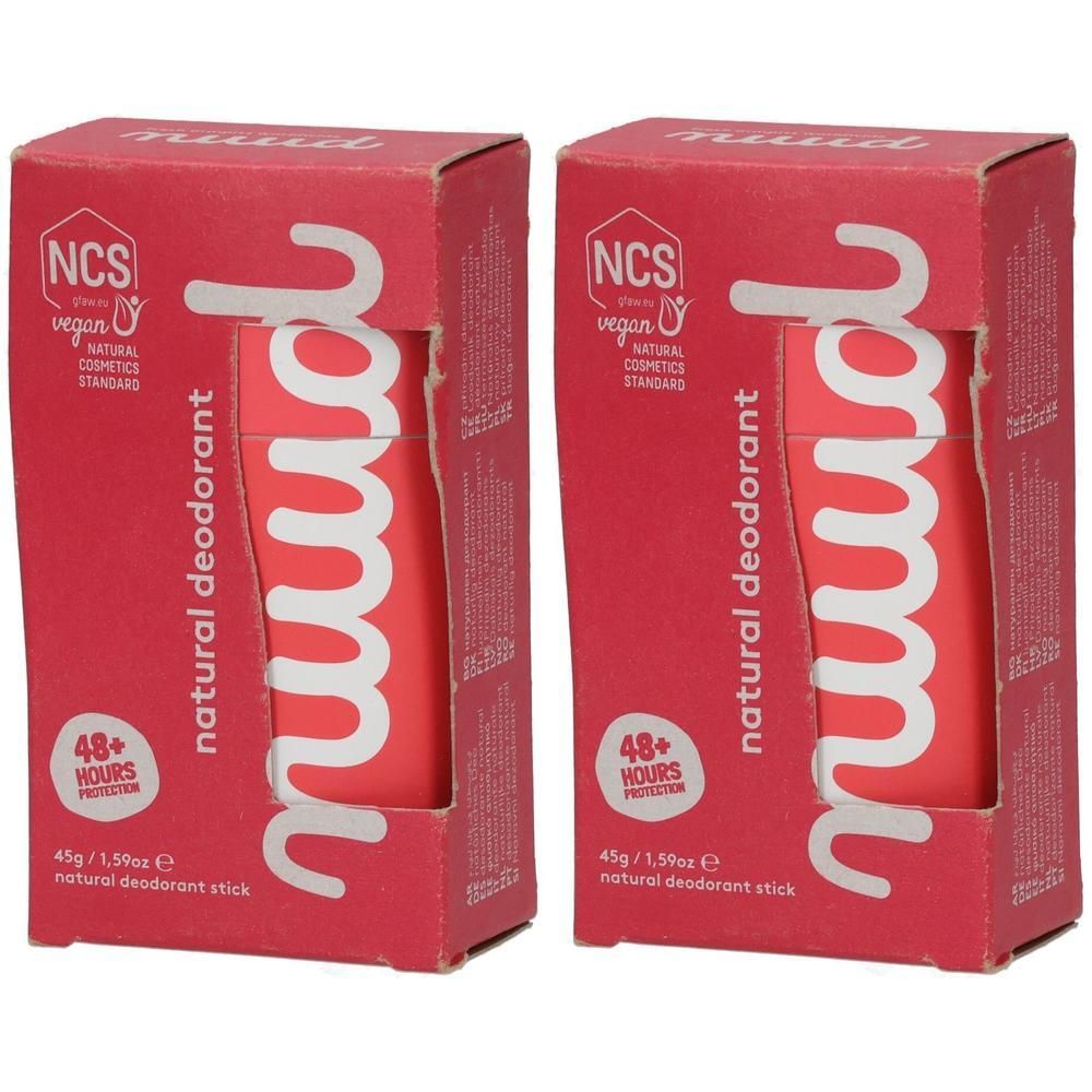 Zwei NUUD natürliche Deodorant-Sticks in roter Verpackung mit NCS und Vegan-Siegel.