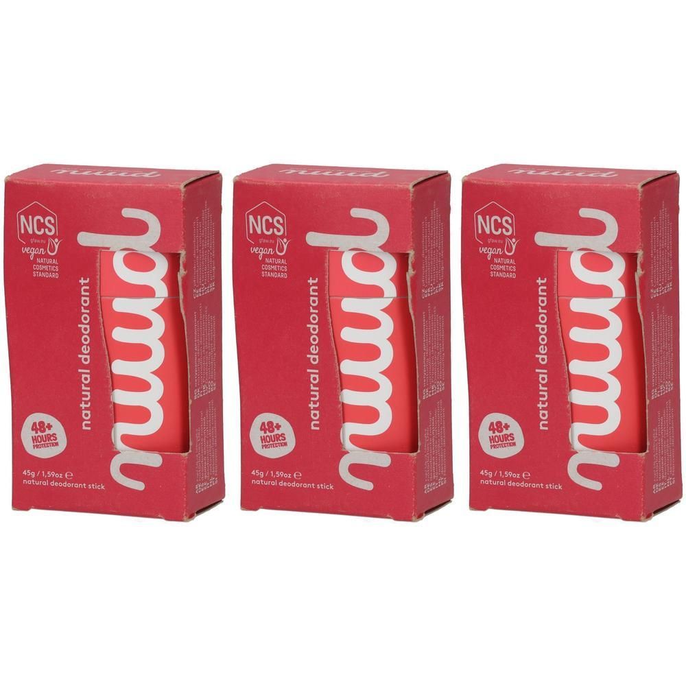 Drei Schachteln mit NUUD natürlichem Deodorant-Stick. Rote Verpackung mit weißer Schrift.