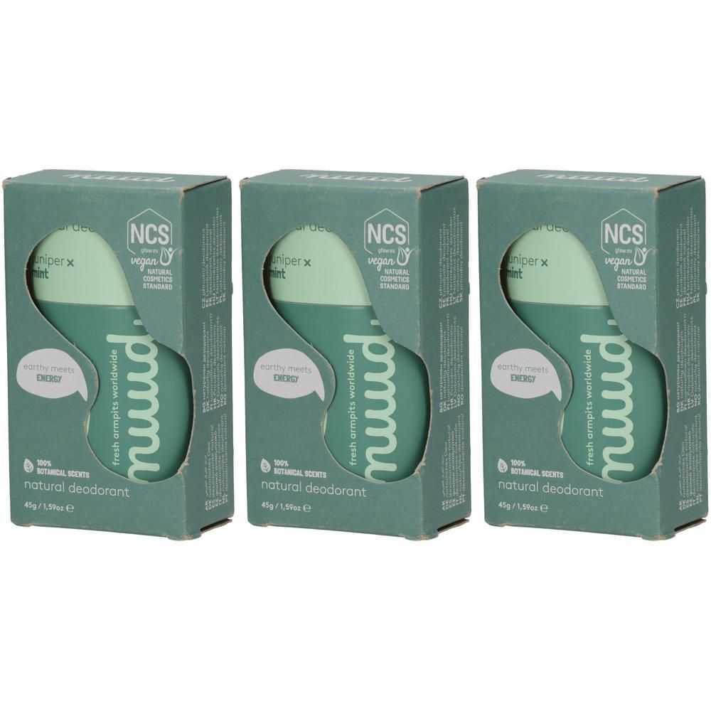 Drei NUUD natürliche Deodorant-Packungen in Juniper/Mint. Jede Packung enthält eine 45g-Einheit.