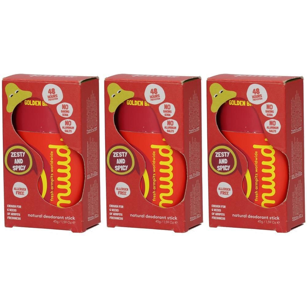 Drei NUUD DEO STI SC GOLD BREEZE Deostifte im Karton. Rote und gelbe Verpackung mit Produktinformationen.