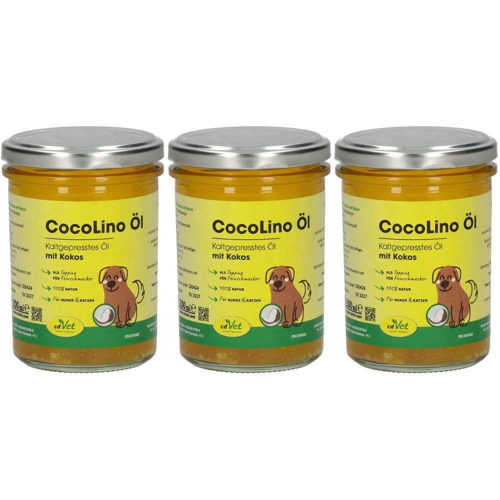 Drei Gläser Kokosöl mit Kokos für Hunde. Gelbes Etikett mit braunem Hund und "CocoLino Öl" Schriftzug.