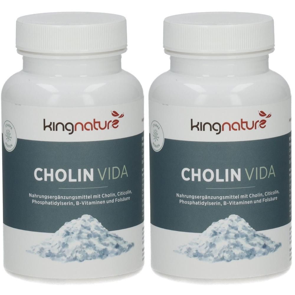 Zwei weiße Flaschen KINGNATURE CHOLIN VIDA mit Pulverabbildung. Enthält Cholin, Citicolin, Phosphatidylserin, B-Vitamine und Folsäure.