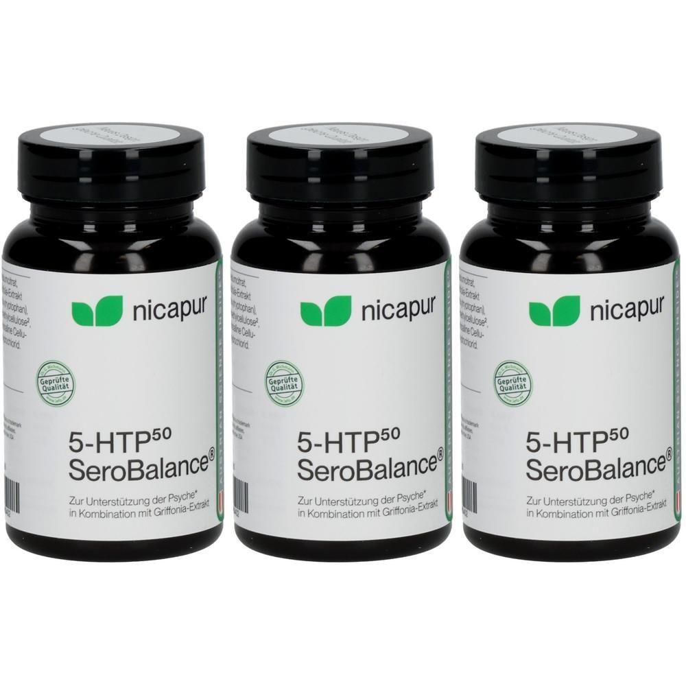 Drei Flaschen Nicapur 5-HTP50 SeroBalance mit schwarzem Deckel und weißem Etikett.