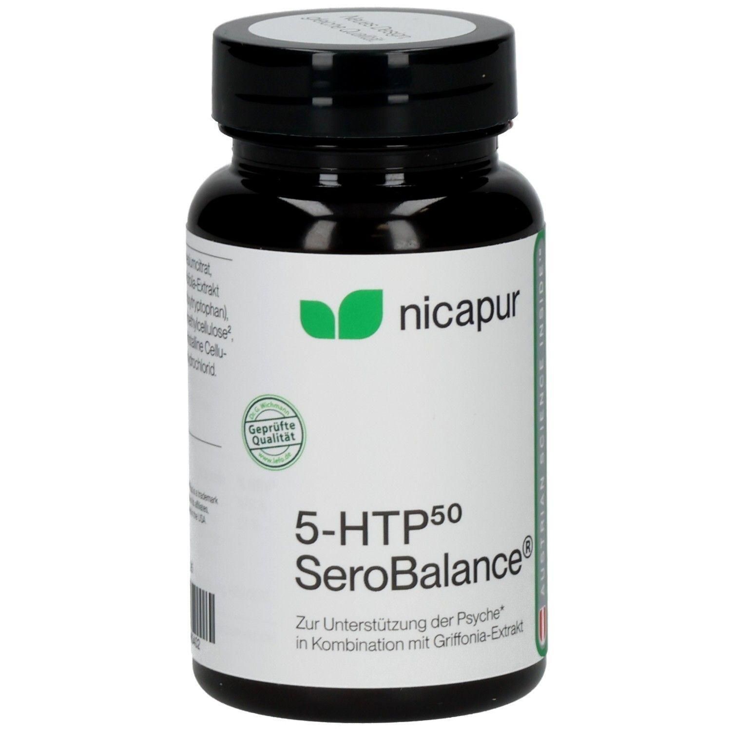 Nicapur 5-HTP50 SeroBalance Kapseln in schwarzer Dose mit weißem Etikett und grünen Blättern.