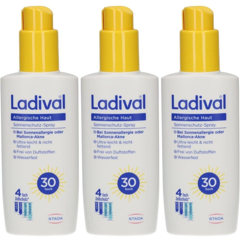 Drei Flaschen Ladival Sonnenschutz-Spray LSF 30 für allergische Haut. Weiße Flaschen mit gelben Pumpaufsätzen.