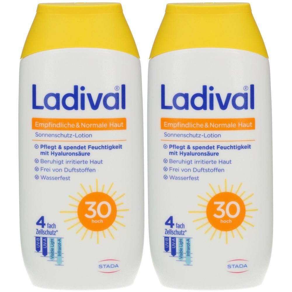 Zwei Flaschen Ladival Sonnenschutz-Lotion LSF 30 für empfindliche und normale Haut. Wasserfest.