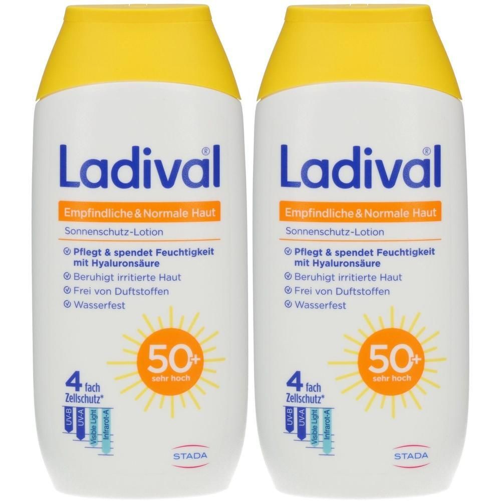 Zwei weiße Flaschen Sonnenschutz-Lotion Ladiwal mit gelben Verschlüssen. LSF 50+.