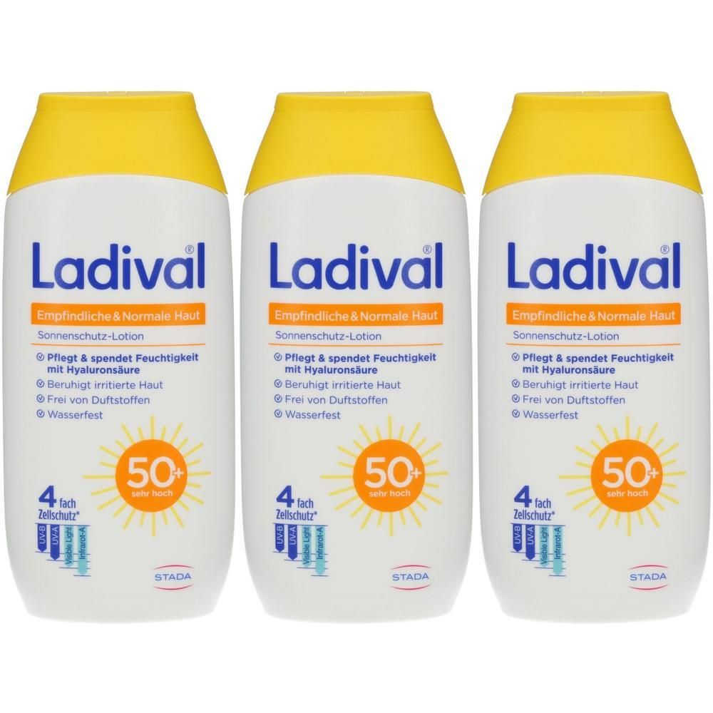 Drei Flaschen Ladival Sonnenschutz-Lotion LSF 50+ für empfindliche und normale Haut.