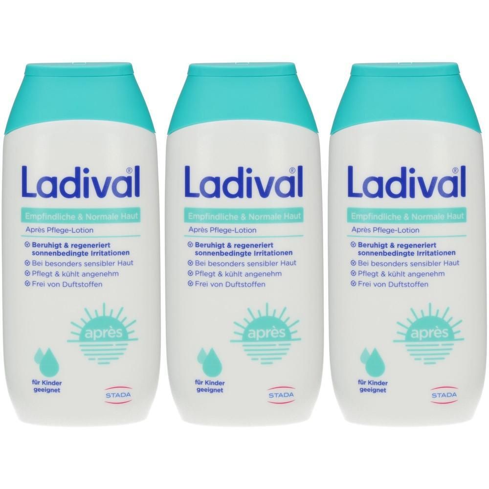 Drei Flaschen Ladival Après Pflege-Lotion für empfindliche & normale Haut. Beruhigt & regeneriert sonnenbedingte Irritationen.