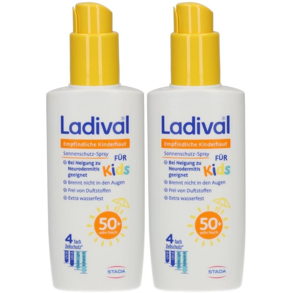 Zwei Flaschen Ladival Sonnenschutz-Spray für Kinder mit LSF 50+. Für empfindliche Kinderhaut.