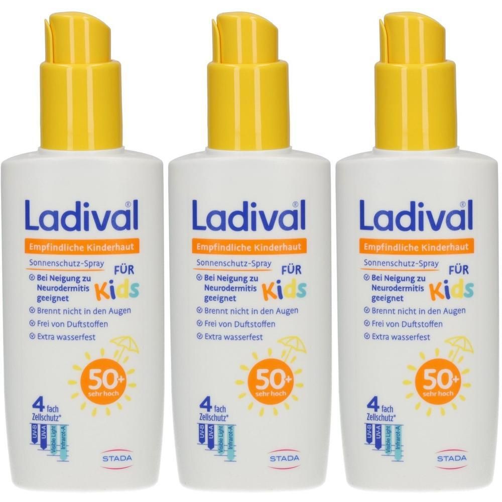 Drei Flaschen Ladival Sonnenschutz-Spray für Kinder mit LSF 50+. Für empfindliche Haut.