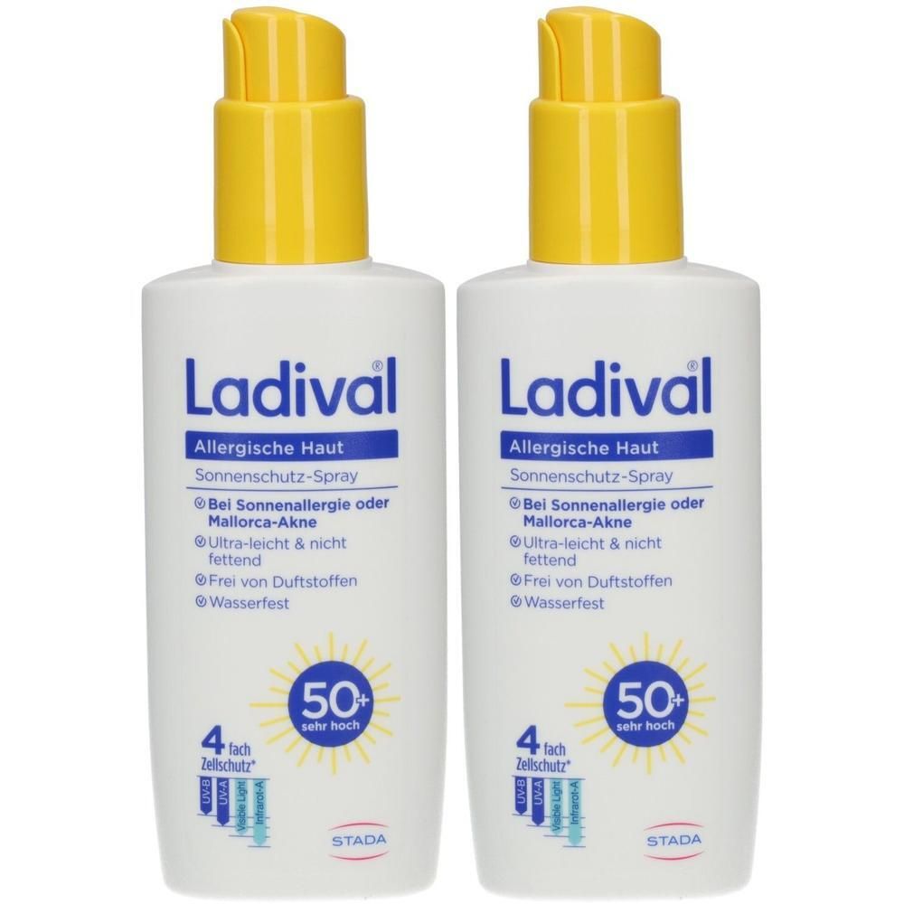 Zwei Flaschen Ladival Sonnenschutz-Spray LSF 50+ für allergische Haut. Mit Pumpzerstäuber.