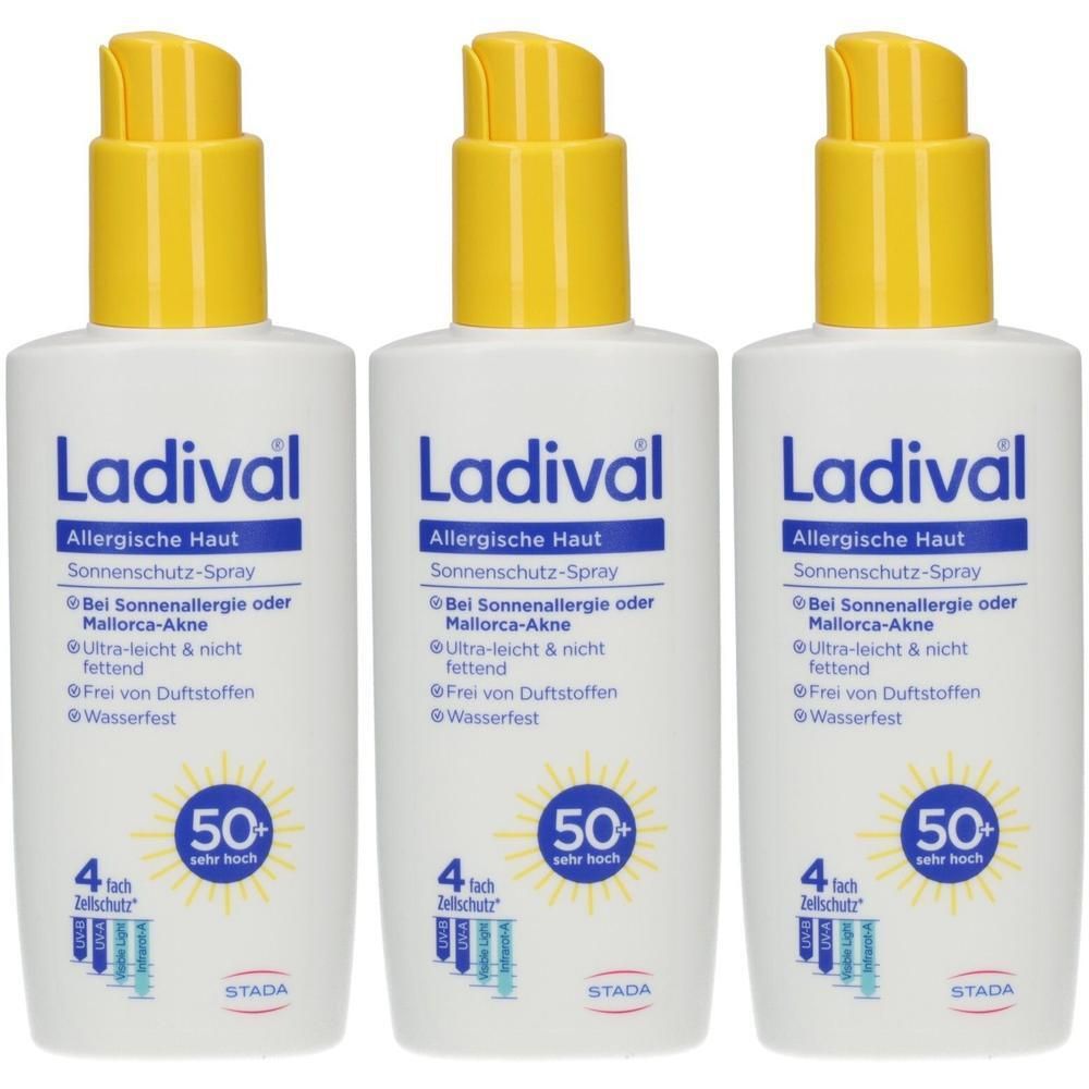 Drei Flaschen Sonnenschutz-Spray mit gelben Verschlüssen. Ladeval, Allergische Haut, LSF 50+.