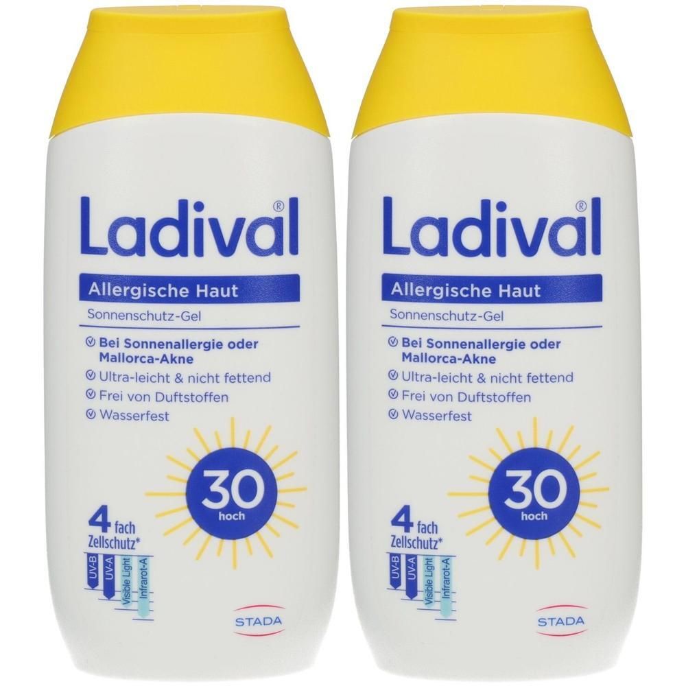 Zwei Flaschen Ladival Sonnenschutz-Gel LSF 30 für allergische Haut. Gel-Textur, wasserfest.