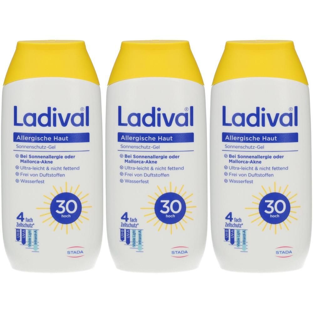 Drei Flaschen Ladival Sonnenschutz-Gel LSF 30 für allergische Haut. Gelb-weiße Verpackung mit blauer Schrift.