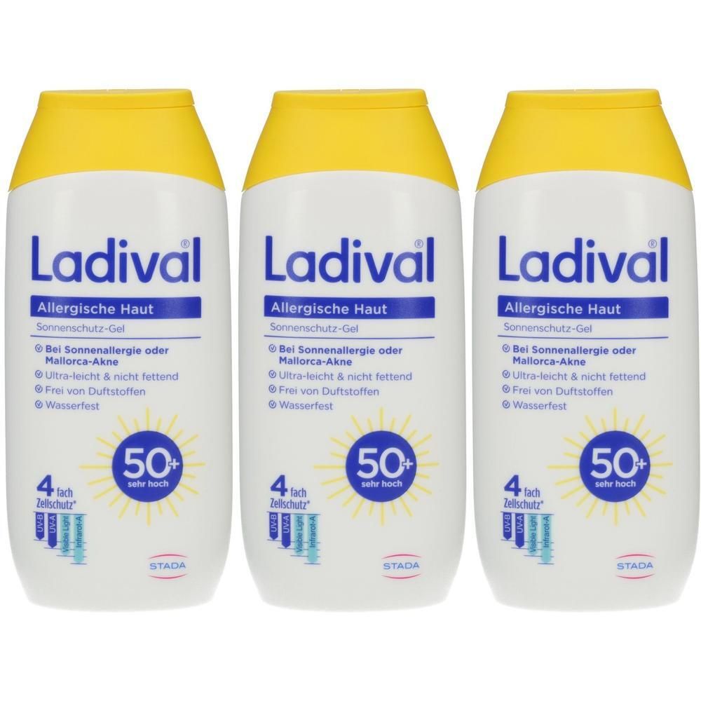Drei Flaschen LADI VAL Sonnenschutz-Gel LSF 50+ für allergische Haut. Weiß mit gelbem Verschluss.