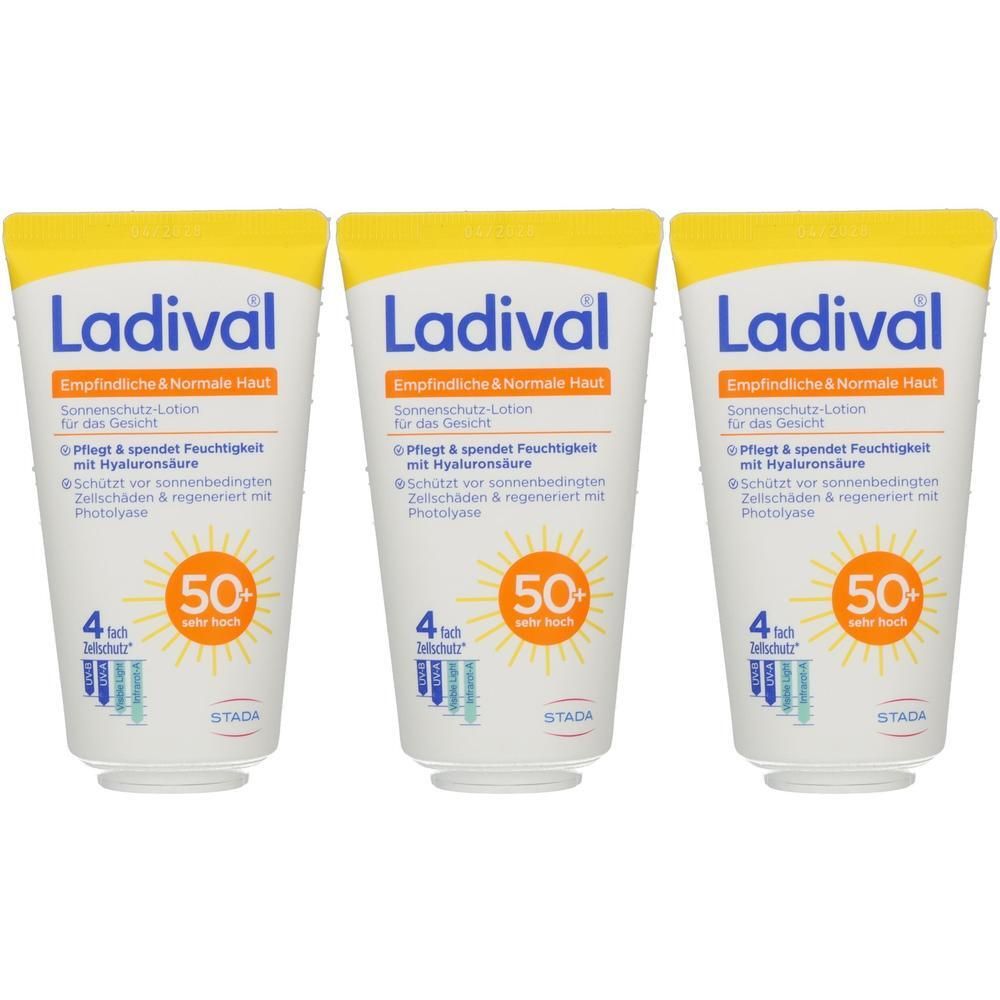 Drei Flaschen Ladival Sonnenschutz-Lotion LSF 50+ für das Gesicht. Mit Hyaluronsäure.