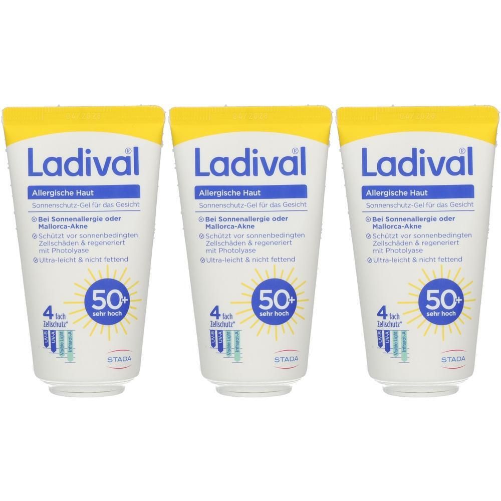 Drei Tuben Ladival Sonnenschutz-Gel für allergische Haut mit LSF 50+.