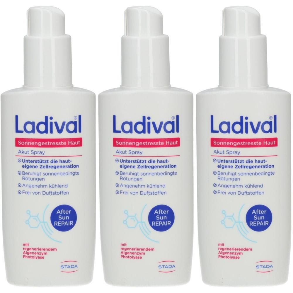 Drei weiße Sprühflaschen Ladival Akut Spray für sonnengestresste Haut. Mit Pumpzerstäuber.