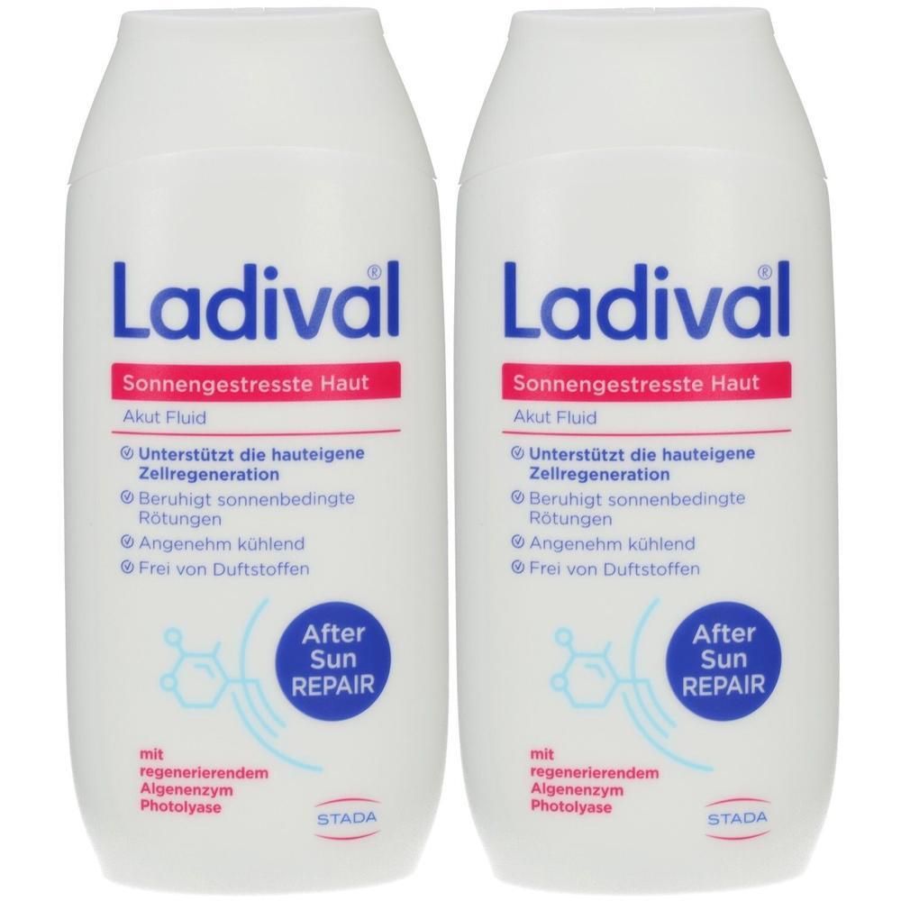 Zwei weiße Flaschen Ladival Akut Fluid mit Aufschrift 'After Sun REPAIR'.
