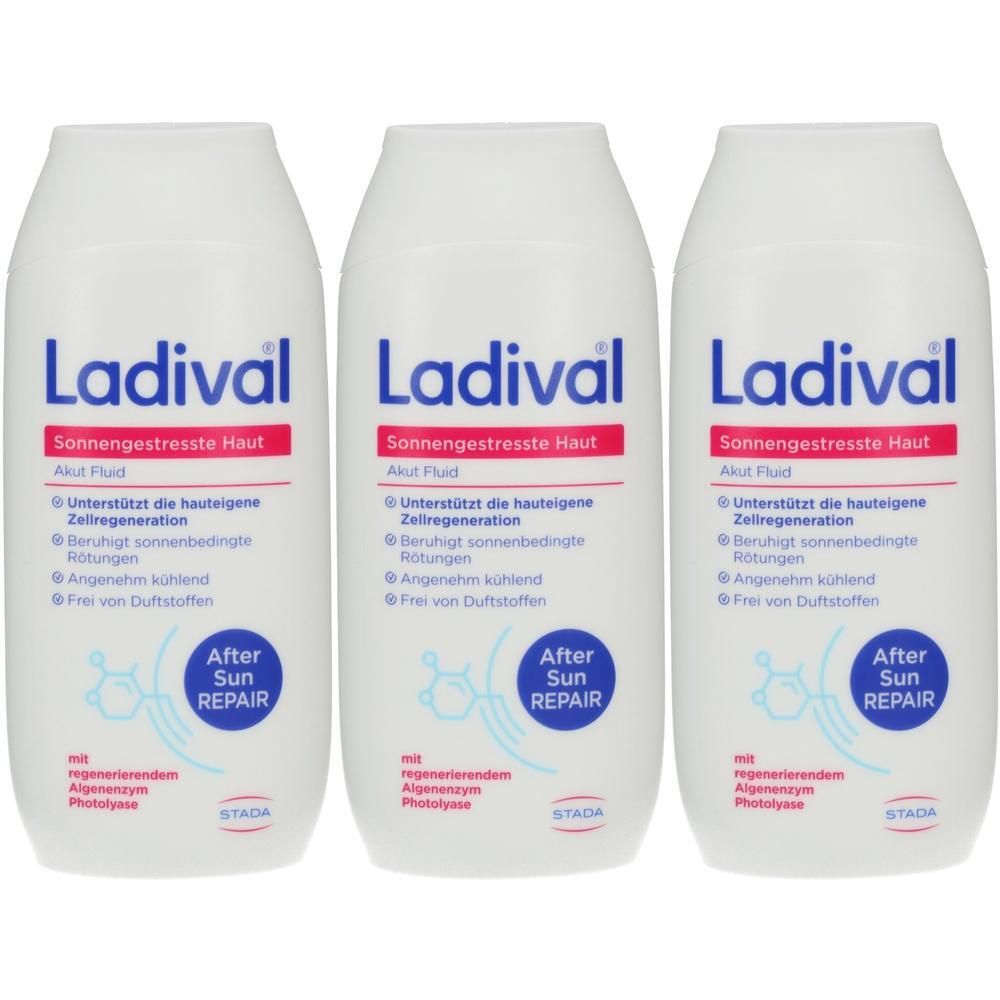 Drei weiße Flaschen Ladival Akut Fluid für sonnengestresste Haut, mit blauer Schrift und rotem Balken.