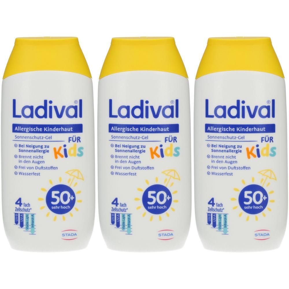 Drei Flaschen Ladival Sonnenschutz-Gel für allergische Kinderhaut, LSF 50+, wasserfest.