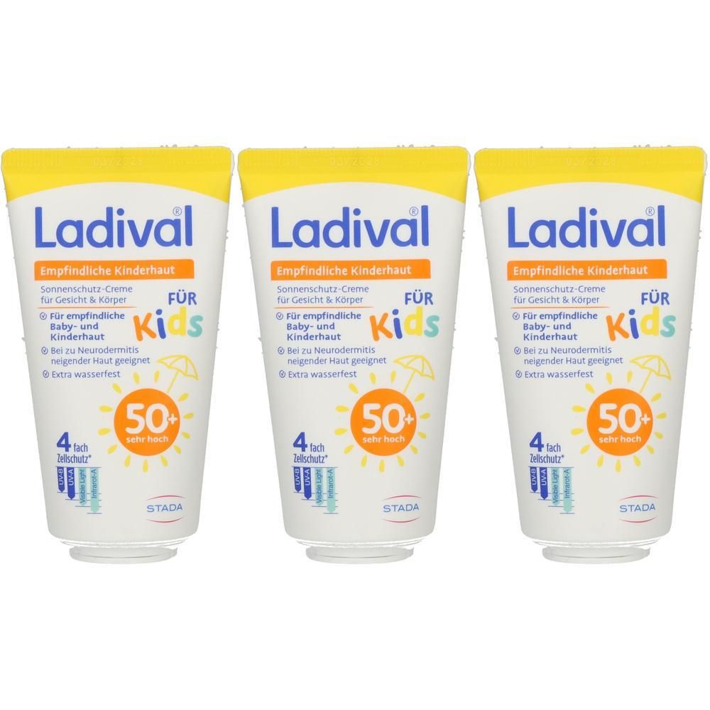 Drei Tuben Sonnenschutz-Creme für Kinder mit LSF 50+. Für empfindliche Haut, Baby und Kinder. Wasserfest.