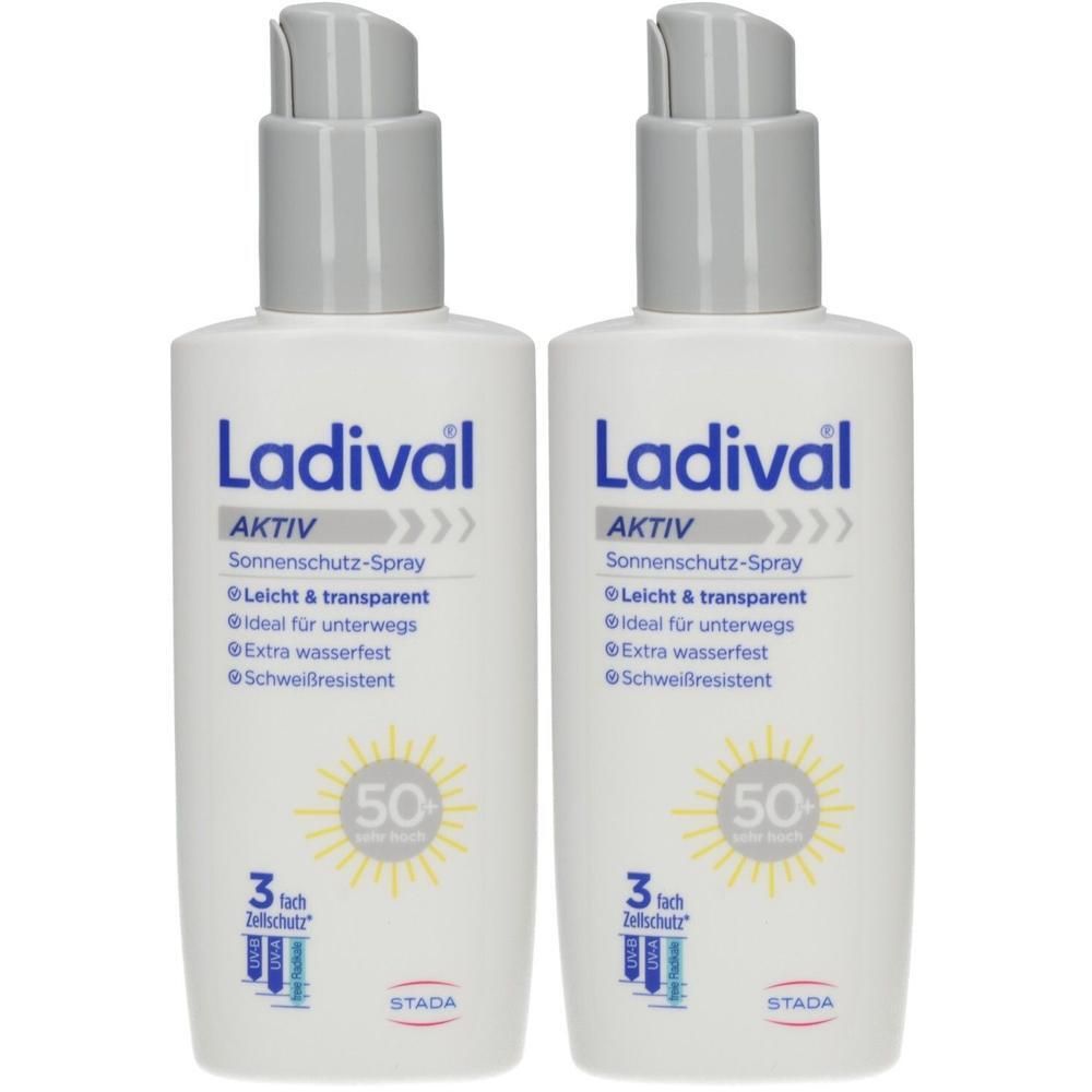 Zwei Flaschen Ladival Aktiv Sonnenschutz-Spray LSF 50+. Leicht, transparent, ideal für unterwegs, extra wasserfest.