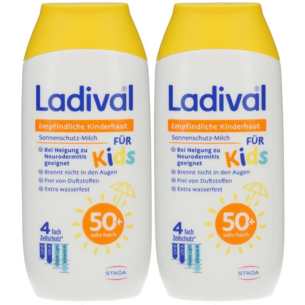 Zwei Flaschen Ladival Sonnenschutz-Milch für Kinder mit LSF 50+. Für empfindliche Haut.